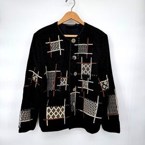 Julia Kin Embroidered Patchwork Jacket Black Rayon VTG Style Indie Size LG